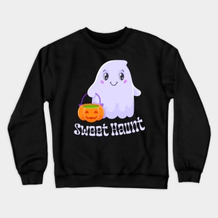 Sweet Haunt - Charming Ghost with Pumpkin Bucket Crewneck Sweatshirt